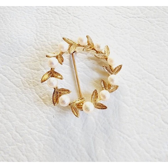 14k Yellow Gold Cultured Pearl Leaf Wreath Pin Brooch - Picture 2 of 7